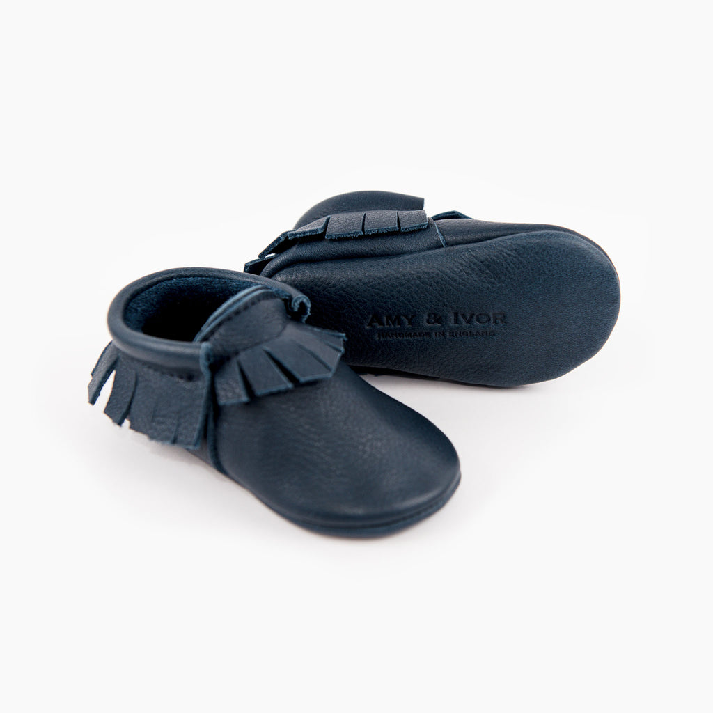 Amy & Ivor classic ink blue leather baby moccasins