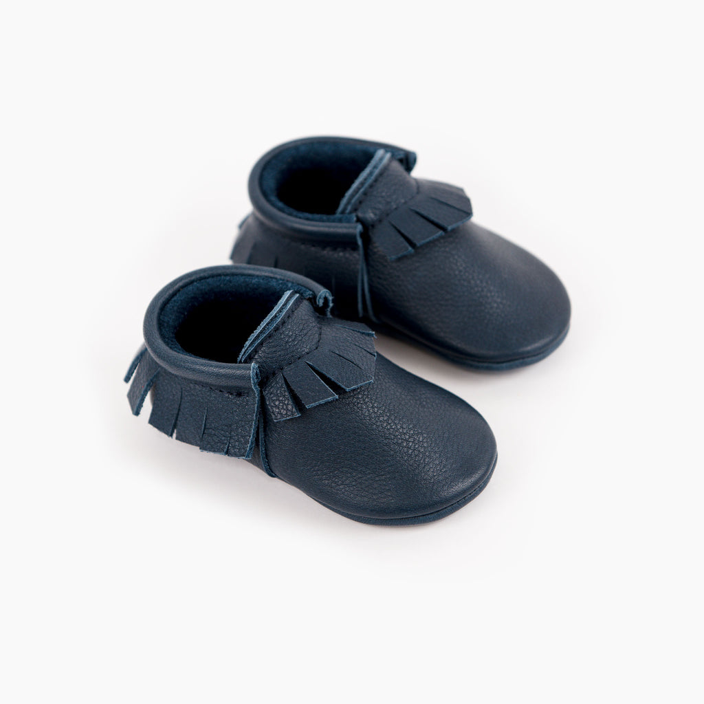 Amy and Ivor Navy blue leather baby moccasins